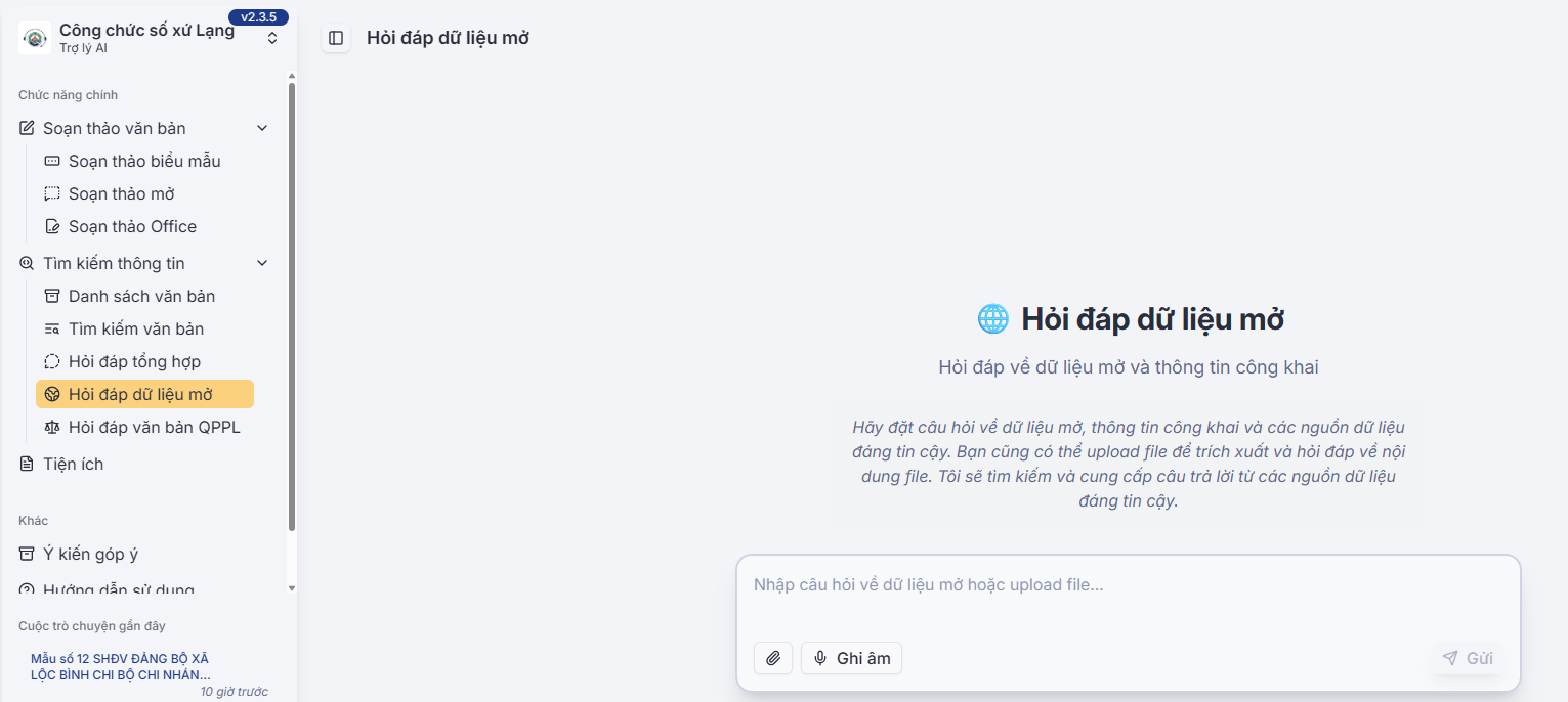 Menu hỏi đáp dữ liệu mở