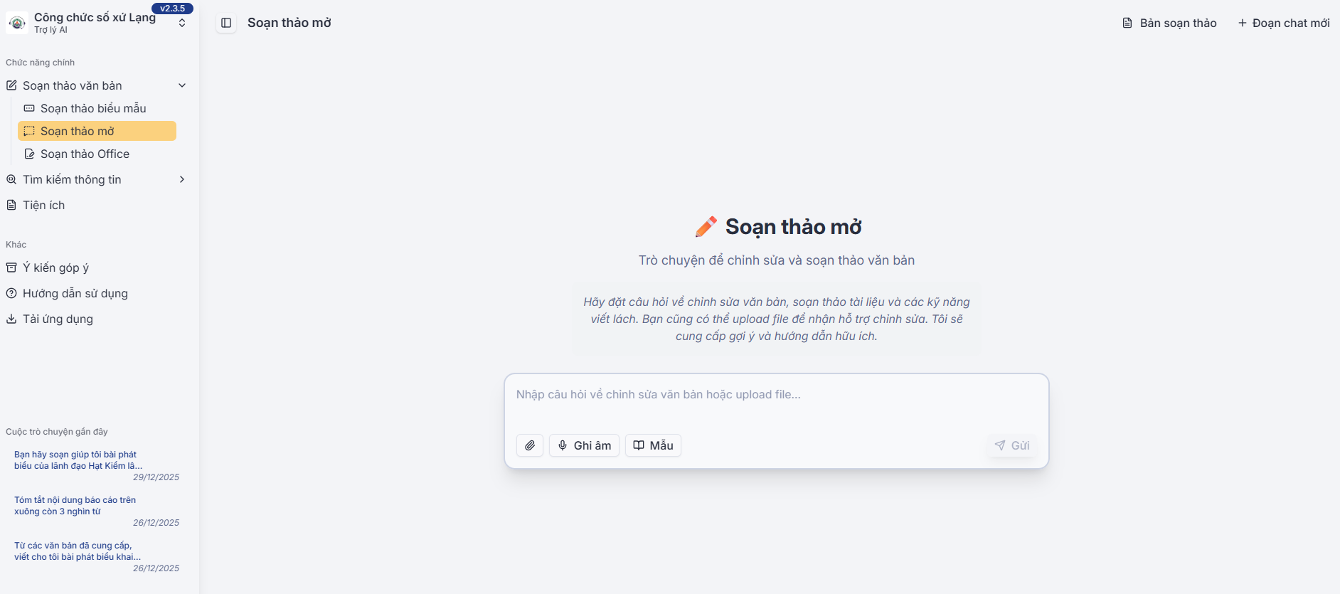 Màn hình soạn thảo mở